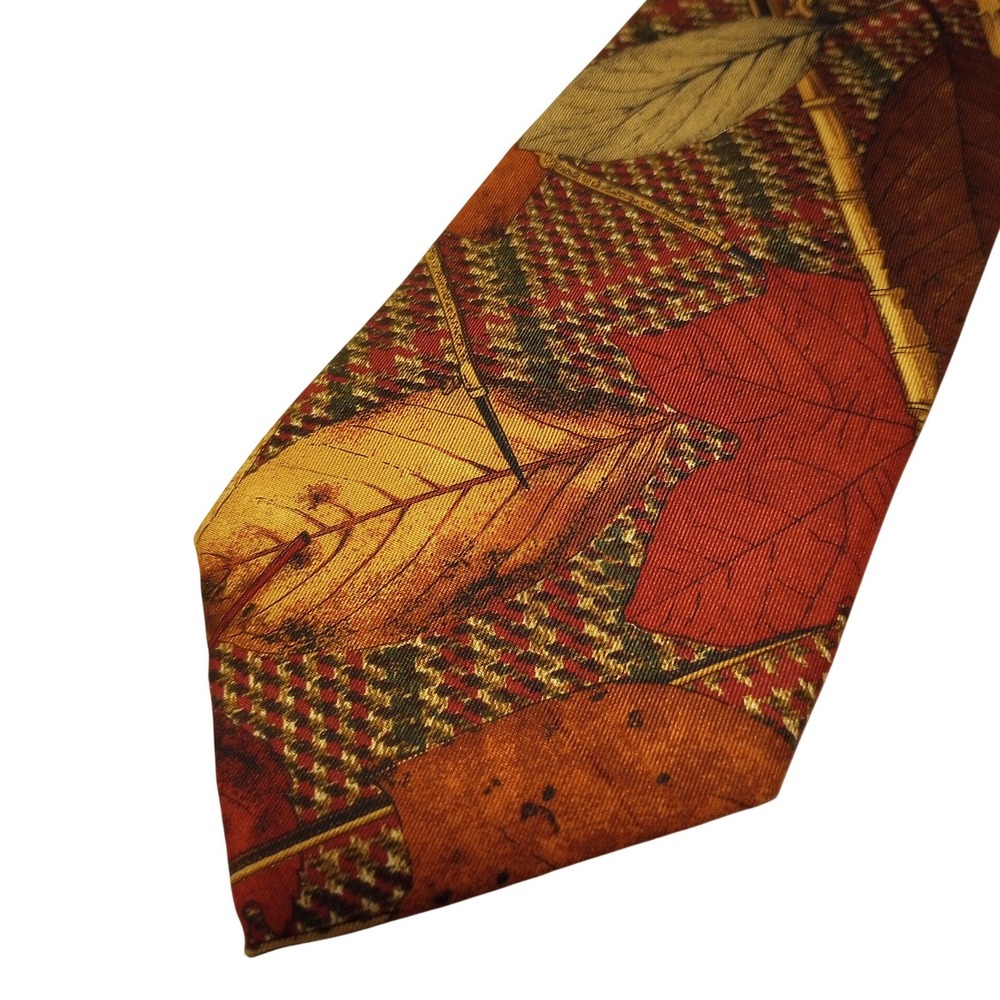 Structure Mens Silk Tie Italian Fabric Autumn Leaves Houndstooth‎ Architectural